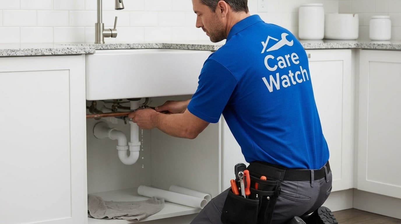 Plumber in a blue Care Watch shirt fixing a leaking pipe under a kitchen sink.